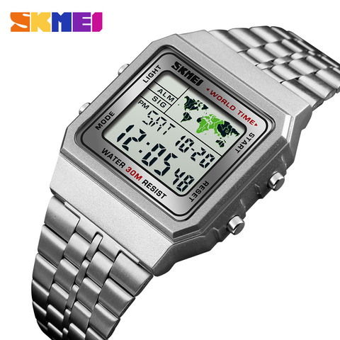 SKMEI LED Digital Sports Watches Men Stainless Steel Top Brand Luxury Countdow Time Zone Waterproof LED Electronic Digital Watch ► Photo 1/6