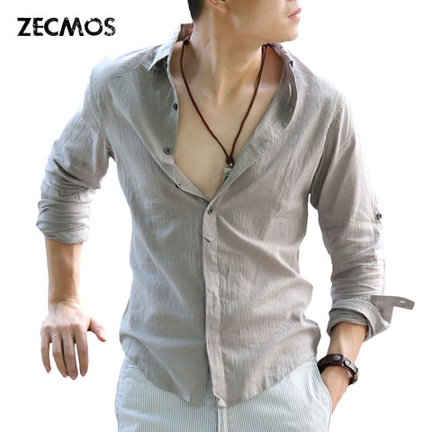 Zecmos Cotton Linen Shirts Man Summer White Shirt Social Gentleman
