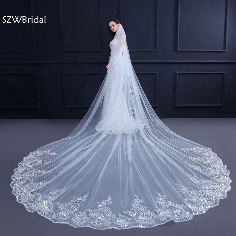 2T Wedding Veil Lace Edge 3M Long Cathedral Length White Ivory Bridal Veil Comb