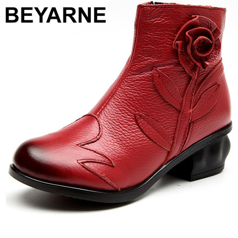 BEYARNE  2022 Autumn Fashion Women Genuine Leather Boots Handmade Vintage Flower Ankle Botines Shoes Woman Winter botas ► Photo 1/6