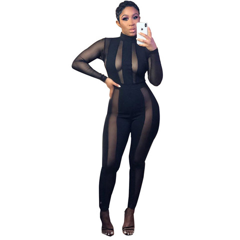 Black Sheer Mesh Patchwork Sexy Jumpsuit Women See Through Long Pants Romper Overalls Night Club Party Bodycon Jumpsuit Catsuit ► Photo 1/6