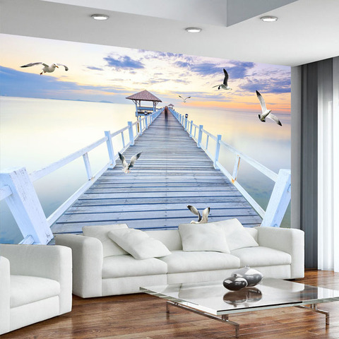 Custom Any Size Mural Wallpaper Modern Sunset Wood Bridge Sea View Wall Painting Living Room TV Sofa Bedroom Space Wall Paper 3D ► Photo 1/6