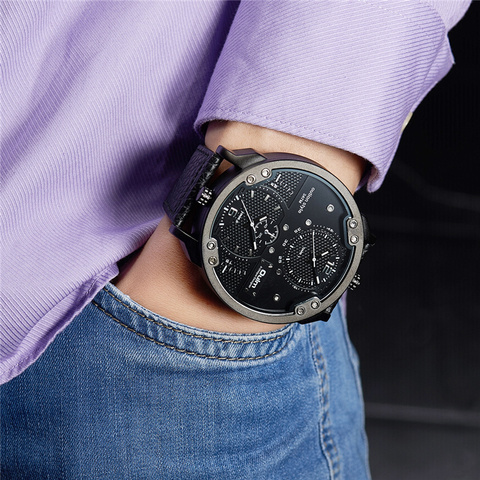 Oulm Men's Casual Sports Watches Unique Design Big Watch Male Leather Strap Quartz Clock Double Time Zone Men Luxury Wristwatch ► Photo 1/6