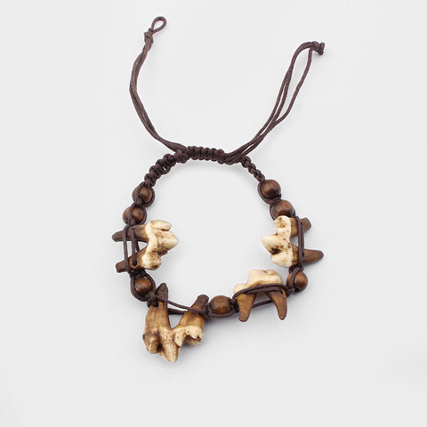 1pcs Tibetan Tribal Brown Real Bone Wolf Tooth Teeth Bracelet Adjustable Cotton Cord With Wood Beads Jewelry Findings ► Photo 1/3