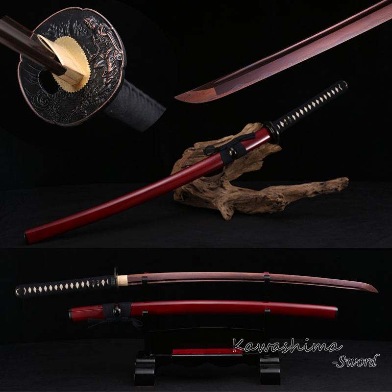 red damascus folded steel Japanese samurai sword full tang handmade katana 