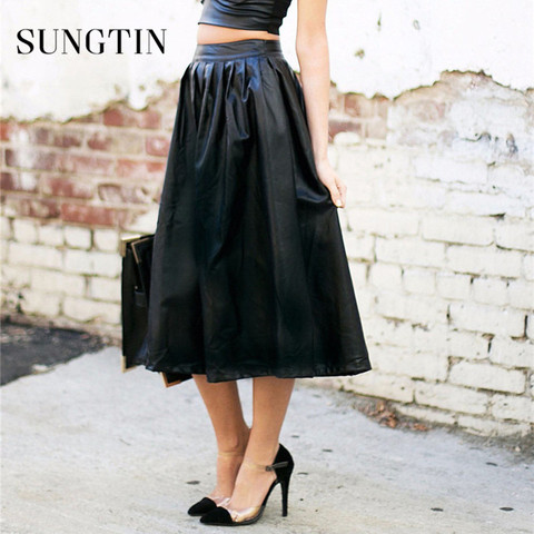 Sungtin Ladies Long Skirts for Women Faux Leather Pu Skirt High-waist Fashion A-line Knee Length Casual Pockets Spring 2022 ► Photo 1/6