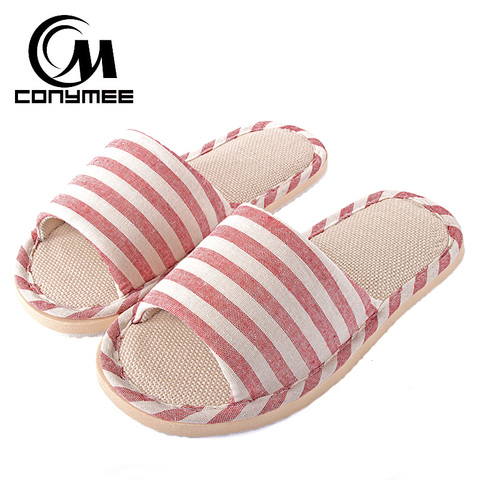 Summer Women Flax Indoor Slippers Casual Flats Shoes Breathable Linen Beach Sandals Flip Flops Striped Female Home Bath Slippers ► Photo 1/6