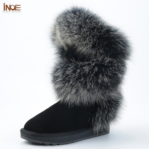 INOE fashion style real blue fox fur women high winter snow boots cow suede leather winter shoes flats black grey high quality ► Photo 1/6