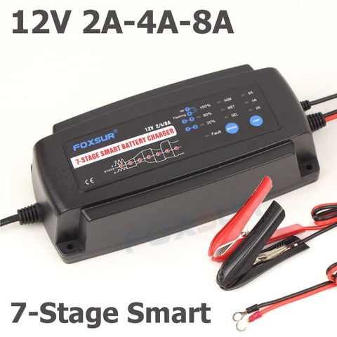 FOXSUR 12V 2A 4A 8A 7-stage smart Battery Charger, GEL WET AGM Battery type & Charge current selectable, Car battery charger ► Photo 1/6