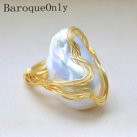 BaroqueOnly Handmade 15-30mm Big Baroque Beads Wire Wrapped Rings Natural Freshwater White Pearl Fashion Woman Party Jewelry ROA ► Photo 1/6