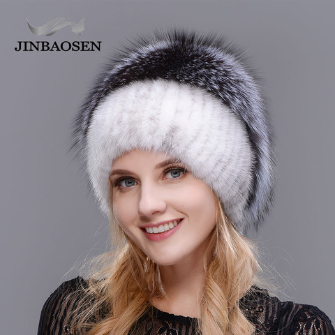 Russian Fashionable mink fur fox hat woman winter warm fox knitted hat woman  new natural fur and water drill Ski Hat ► Photo 1/6