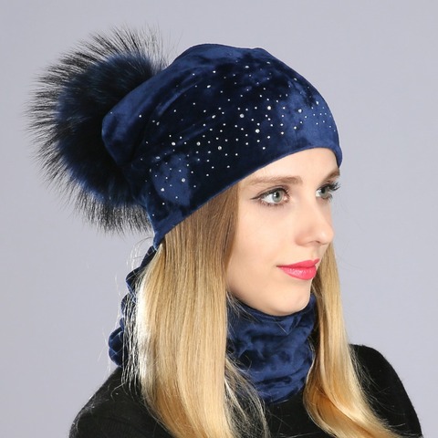 Geebro Winter Women's Pom Pom Rhinestones Beanie Hat and Neck Scarves Casual Casual Velvet  Beanies Hat With Raccoon Fur Pompon ► Photo 1/6