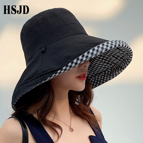 Summer Women Double-sided Cotton Linen Plaid Sun Hat Elegant Big Wide Brim Foldable Anti-UV Beach Sun Floppy Hats Flat Caps Bob ► Photo 1/6