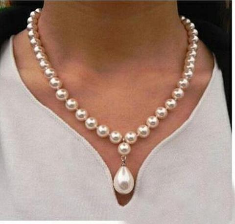 Woman jewelry necklace 8mm round bead Bright white Natural SOUTH SEA SHELL PEARL 12mm pendant NECKLACE 18'' 45cm ► Photo 1/3