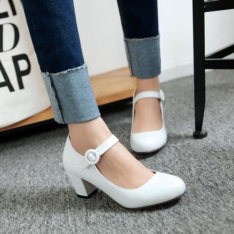 fashion Women Shoes Mary Jane Ladies round toe High Heels White Wedding Shoes Thick Heel Pumps Lady Shoes Black Pink Plus size ► Photo 1/6
