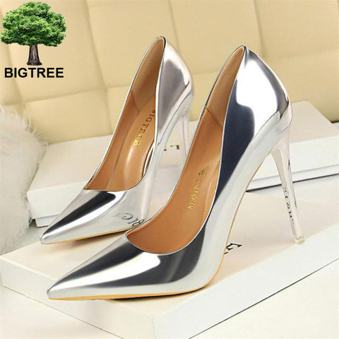 BIGTREE Patent Leather Thin Heels Office Shoes  Women Shallow Pumps Fashion High Heels Shoes Women Pointed Toe Sexy Shoes ► Photo 1/6