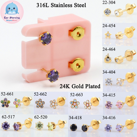 1 Pair High Quality 24K Gold Plating Prevent Allergy Ear Stud Sterile Piercing Stud Zircon Earrings For Women Free Shipping ► Photo 1/6