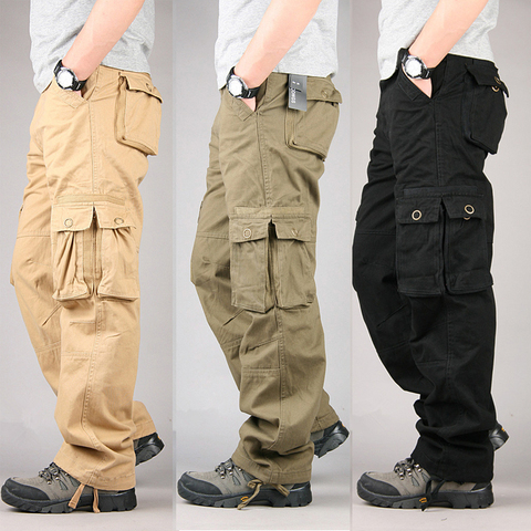 100% Cotton Durable Multi Pocket Loose Baggy Cargo Pants Men Military Style Long Trousers Black Khaki Army Green Big Size 38 ► Photo 1/1