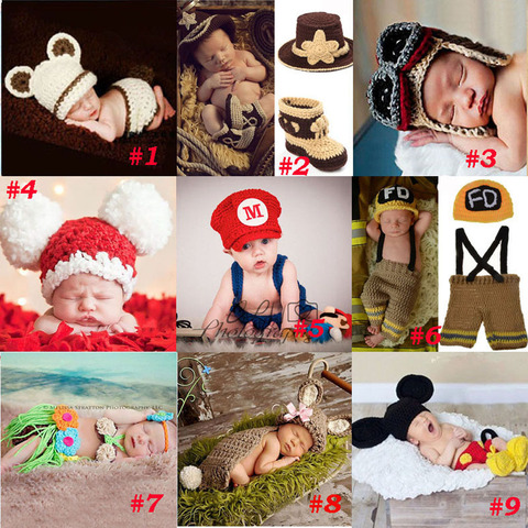 Handmade Crochet Photography Props Knitted Newborn Baby Hat Boy Girl Costume Outfit Fireman Cowboy Super Mario SG043 ► Photo 1/6