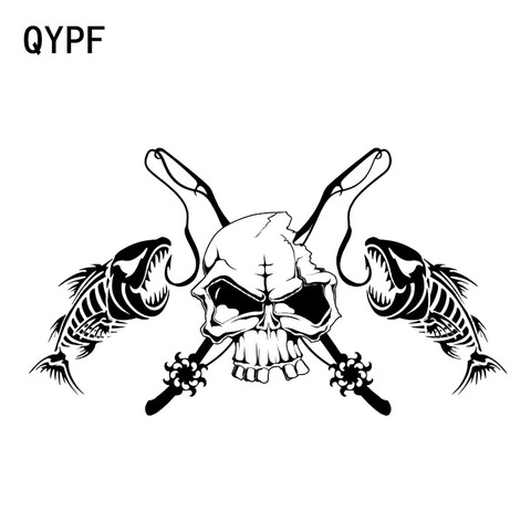 QYPF 19.7*11.1CM Fishing Skull Skeleton Fish Rod Reel Hook Car Sticker Truck Window Vinyl Decal Sticker C16-0017 ► Photo 1/6