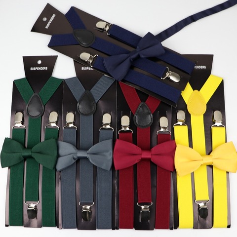 Solid Color Man's Belt Polyester Bowtie Set Men Women Suspenders Polyester Y-Back Braces Two Colors Bow Tie Adjustable Elastic ► Photo 1/5