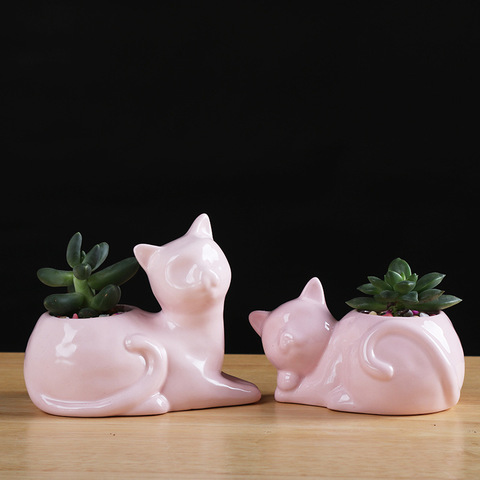 White Ceramic Cat Planters Pink Kitten Couples Flower Pot for Succulents Cactus Plants Home Garden Decor with Drainage Hole ► Photo 1/6