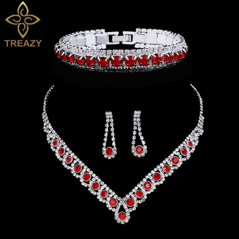 TREAZY Elegant Red Crystal Rhinestone Wedding Jewelry Sets for Women Choker Necklace Earrings Bracelet Bridal Jewelry Sets ► Photo 1/6