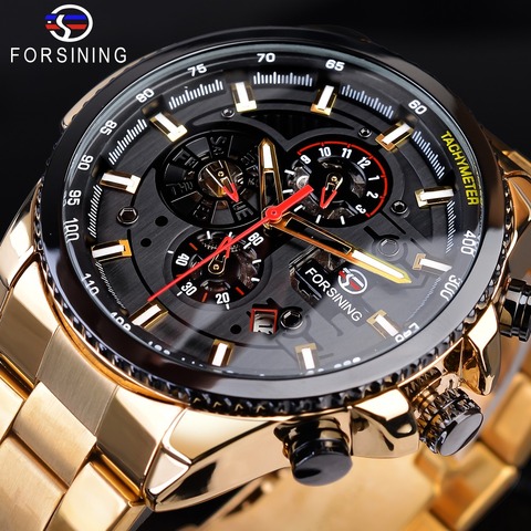 Forsining Steampunk Sport Series Classic Black Golden Clock Male Complete Calendar Men's Automatic Watches Top Brand Luxury ► Photo 1/6