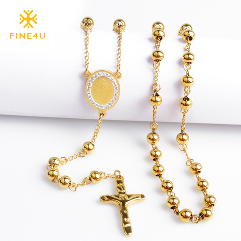 2022 New FINE4U N052 Cross Pendant Necklace For Men Women 316L Stainless Steel Rosary Beads Necklace Religious Jewelry ► Photo 1/6