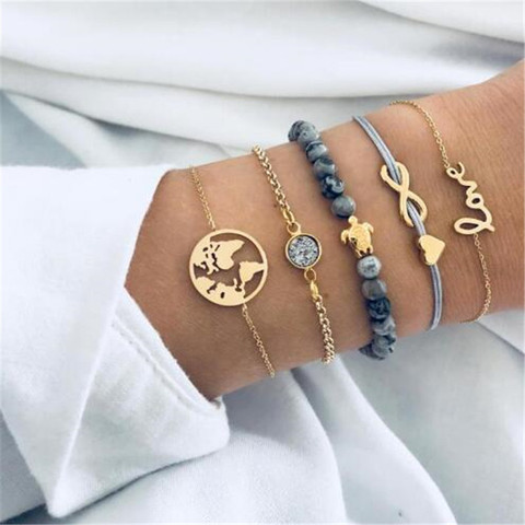 High Quality 5Pcs/ Set Love Map Tortoise Heart Adjustable Open Charm Bracelet Set Women Fashion Party Jewelry Multiple Trendy ► Photo 1/6