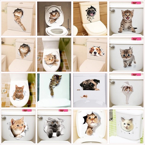 Lovely Cat Dog Toilet Stickers Home Decoration Diy Funny Cartoon Animal Wc Mural Art Vivid 3d Kitten Puppy Safari Pvc Wall Decal ► Photo 1/6