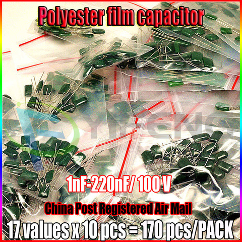 17value 170pcs Polyester film capacitor Assorted Kit 100V 1nF-220nF Assortment Kit SetMylar Film Capacitor assorted Kit ► Photo 1/1