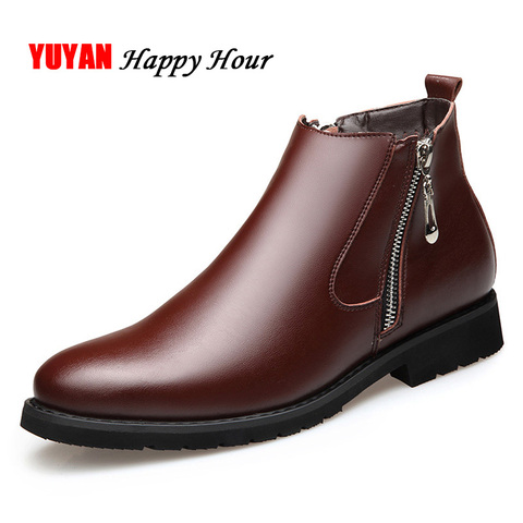 Genuine Leather Chelsea Boots Men Winter Shoes Plush Warm Shoes Fashion Zipper Booties Mens Ankle Boots Black Booties A440 ► Photo 1/6