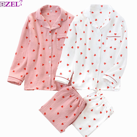 Spring New Ladies Pajamas Set Heart Printed Crepe Cotton Double-layer Gauze Turn-down Collar Long-sleeve Trousers Household Wear ► Photo 1/6