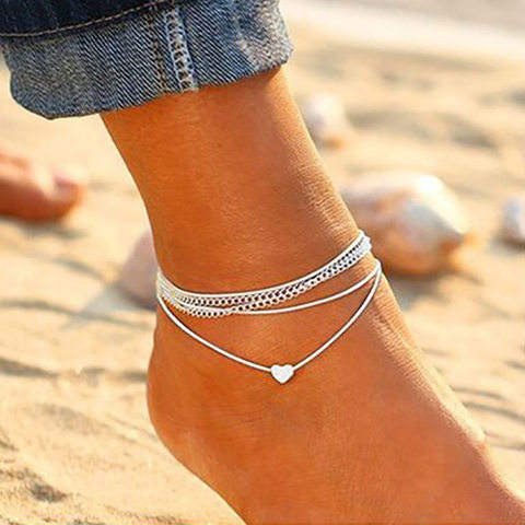 S054 Bohemian Silver Color Anklet Bracelet On The Leg Fashion Heart Female Anklets Barefoot For Women Leg Chain Beach Foot Jewel ► Photo 1/5