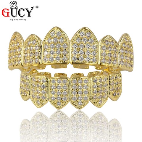 GUCY Gold Color Plated Hip Hop Teeth Grill Caps High Quality Micro Pave CZ Top & Bottom GRILLZ Mouth Tooth Grills Set ► Photo 1/6