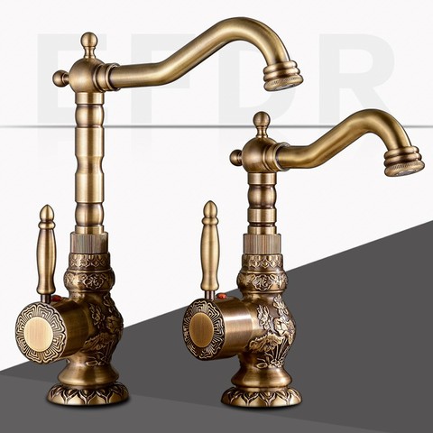 Basin Faucet Antique Copper Brass Bathroom Carved Faucet Long Nose Spout Wash Sink Tap 360 Rotation Single Handle Mixer Tap ► Photo 1/6