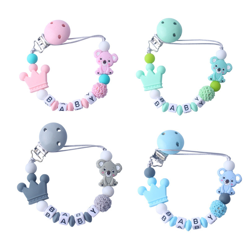 Personalised Name Silicone Crown chew Teether Baby Pacifier Clips Holder Soother 