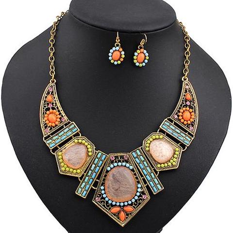 2022 New Fashion Women's Boho Colorful Hollow Statement Chain Choker Necklace Hook Earrings Set hot Wedding jewelry set ► Photo 1/6