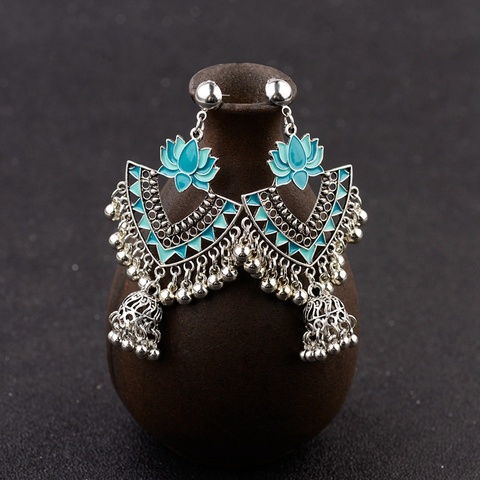 Egypt Vintage Green Lotus Jhumka Bells Tassel Earrings For Women Turkish Tribal Gypsy Triangle Indian Jewelry HXE068 ► Photo 1/6