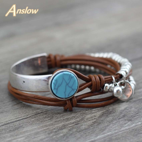 Anslow New Design Fashion Jewelry Summer Style Resin Silver-plated Beads Leather Bracelet For Women Valentine's Day LOW0501LB ► Photo 1/6