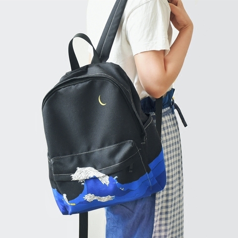 Moon Wood Women Backpack Black Blue Travel Bag Print Sea Moon Casual Canvas Backpack School Bags For Teenager Girls Sac ► Photo 1/6