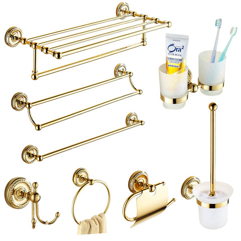Europe Antique Gold Bathroom Accessories Set Solid Brass Hardware Round Base Polished Bathroom Sets ► Photo 1/6