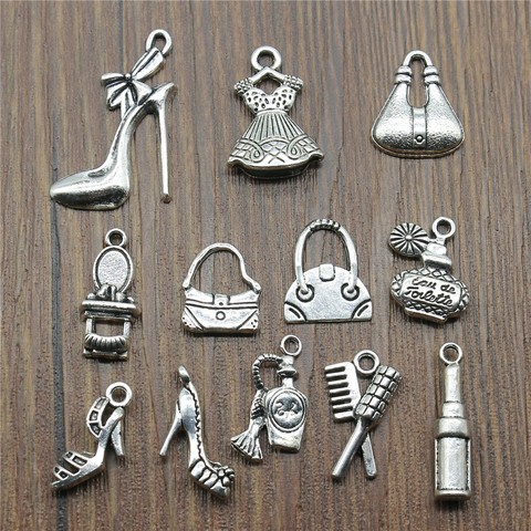 15pcs/lot Antique Silver Color Women's Daily Necessities Charms Evening Dress Bags High Heel Perfume Lipstick Charms ► Photo 1/2