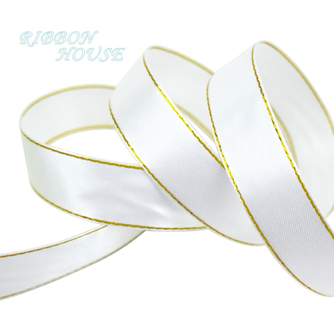 (25 yards/lot) 20mm White Satin ribbon gold edge wholesale high quality gift packaging ribbons ► Photo 1/6