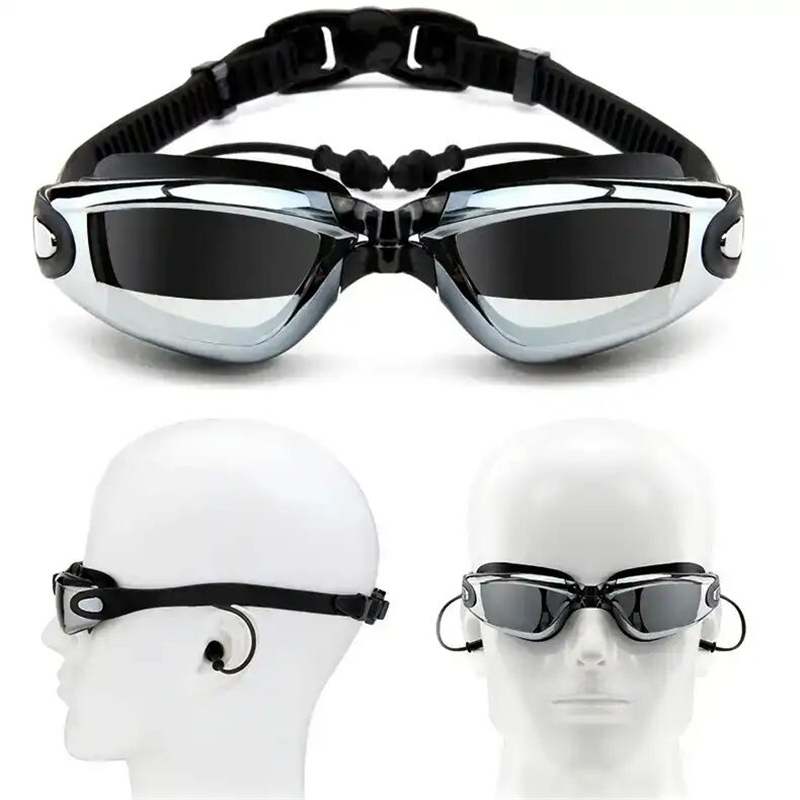Ear Plugs Mirror Lenses Adjustable Width Zoma Swimming goggles Anti Fog Silver 