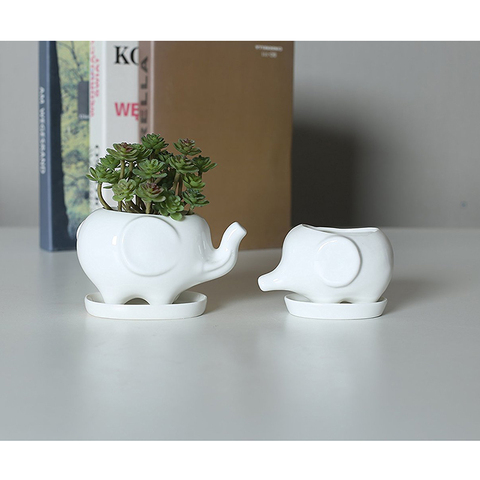Set of 2 Cute Elephant White Ceramic Flower Pot with Tray for Succulents Cactus Plants Mini Pot Planter Home Garden Decoration ► Photo 1/6