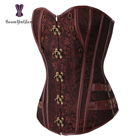 Waist Trainer Brocade Steampunk Jacquard Faux Leather Studded Overbust Brown Corset Bustier With Chains S-6XL 916# ► Photo 1/6