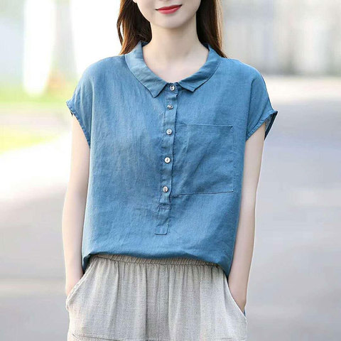 Summer Women Shirt Plus Size Peter Pan Collar Loose Casual Short Sleeve Shirts Solid Cotton Vintage Blouse Female Linen Top D117 ► Photo 1/6