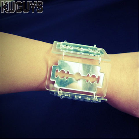 KUGUYS Fashion Jewelry Acrylic Silver Color Mirror Blade Bangles for Womens and Mens HipHop Rock Geometric Wide Bracelet ► Photo 1/5